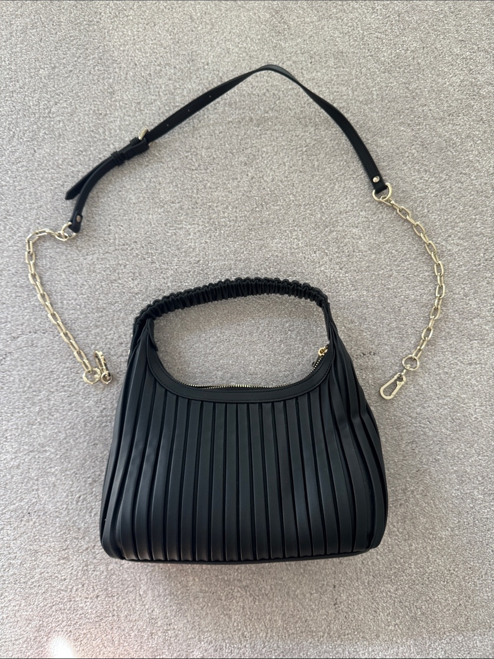 Steve Madden Black Pleated Hobo Shoulder Bag with Gold Chain